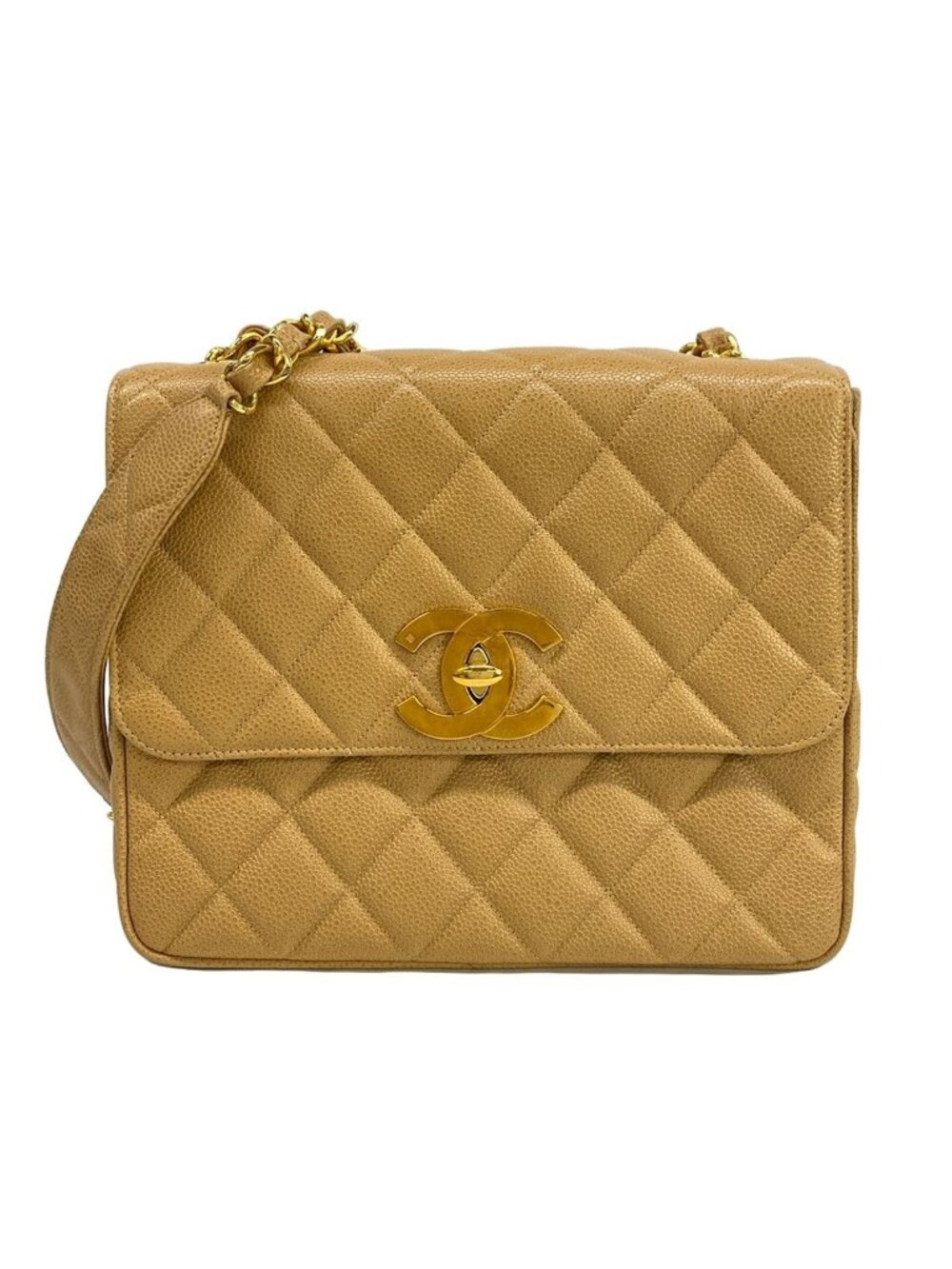 Chanel Shoulder Bag Quilted Beige Gold Chain Jumbo CC Logo